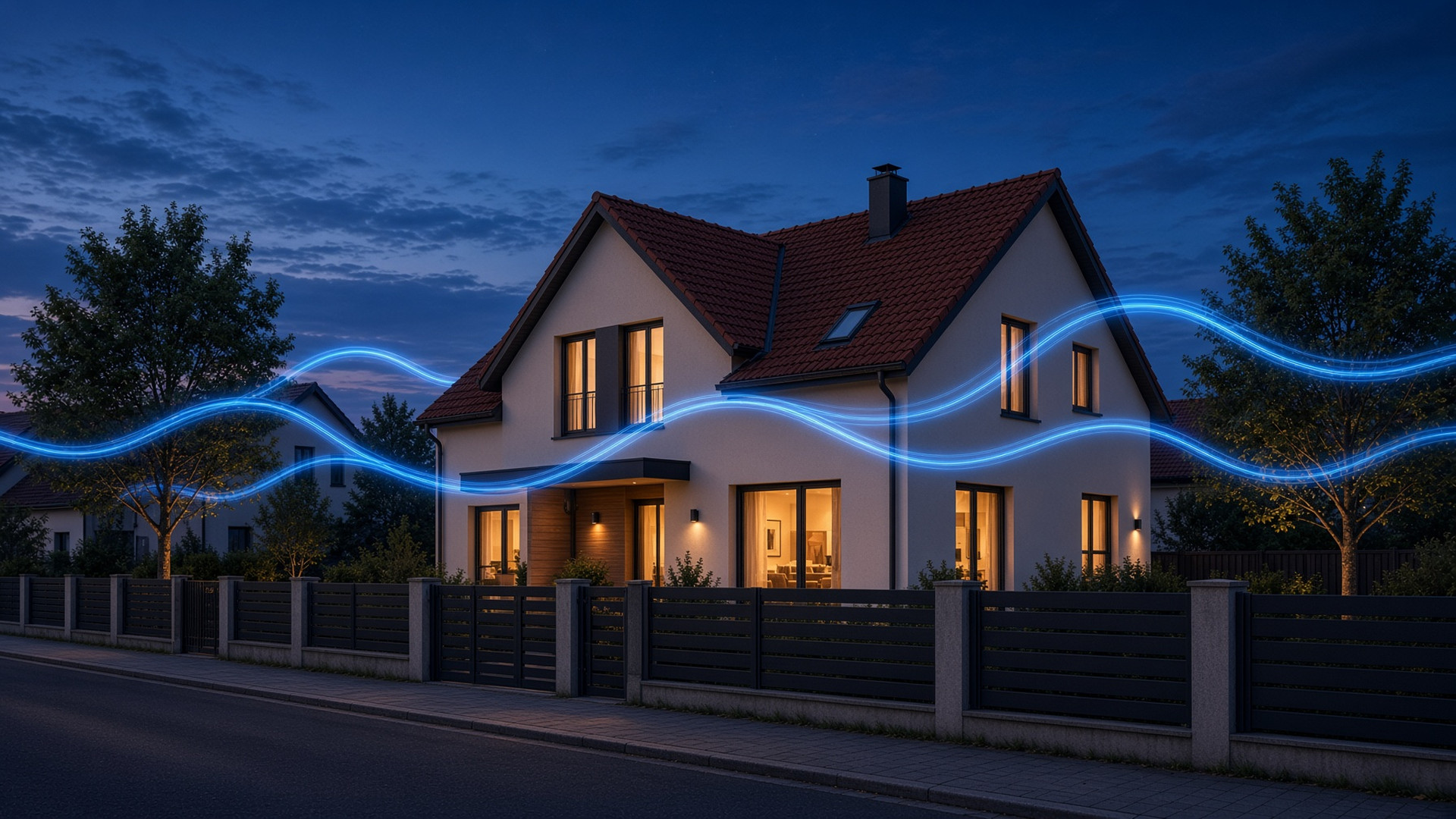 Rodinný dům za soumraku — energie kolem domu
