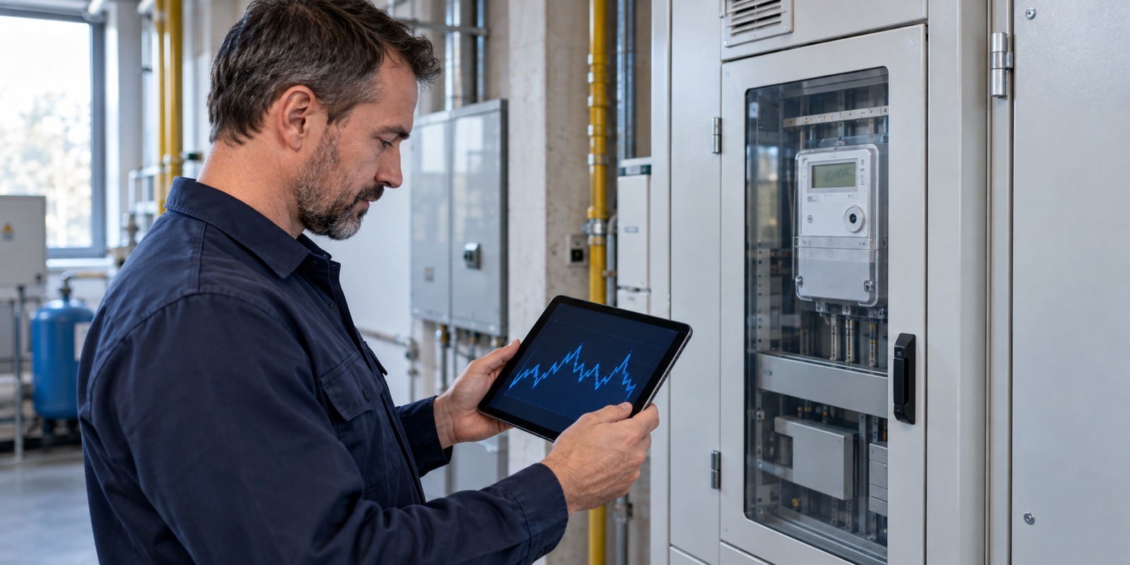 Technik u rozvaděče se spotřebou na tabletu