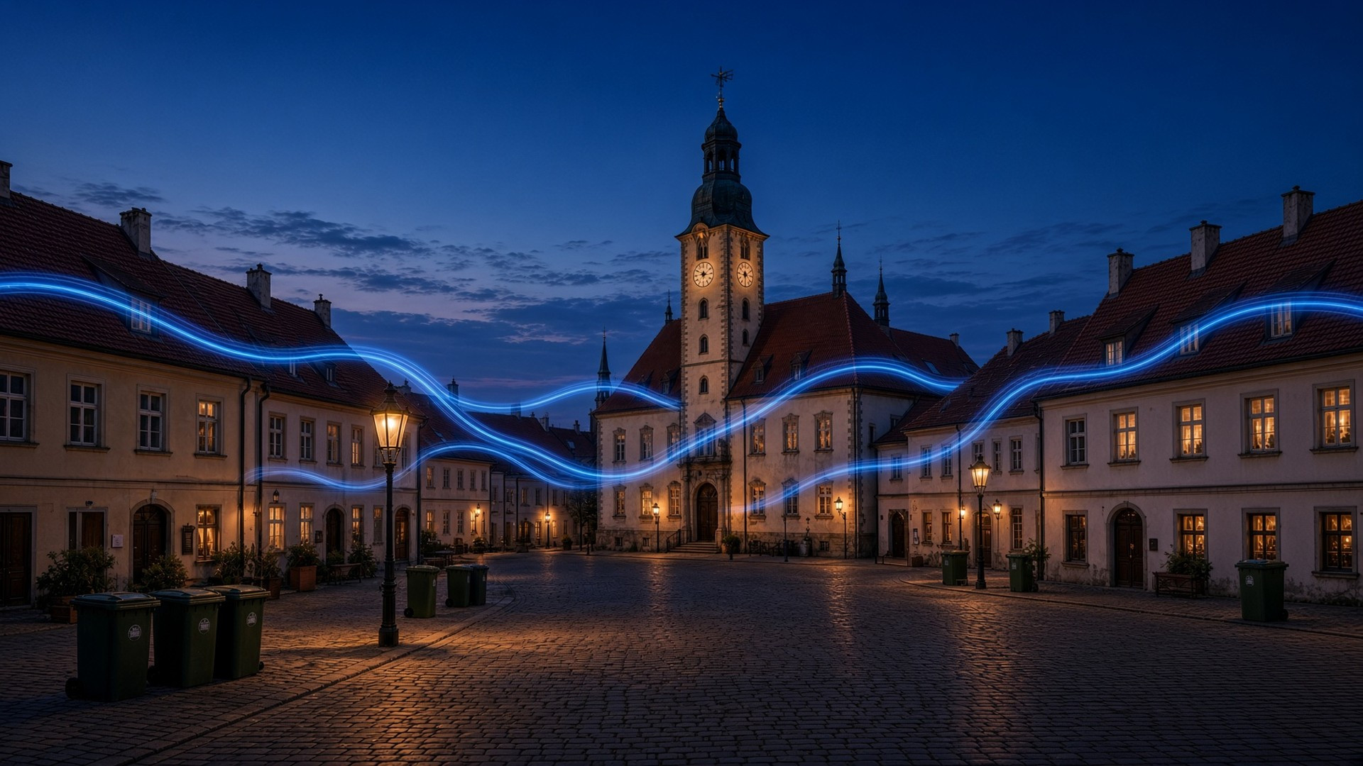 Náměstí s radnicí za soumraku — energie mezi střechami